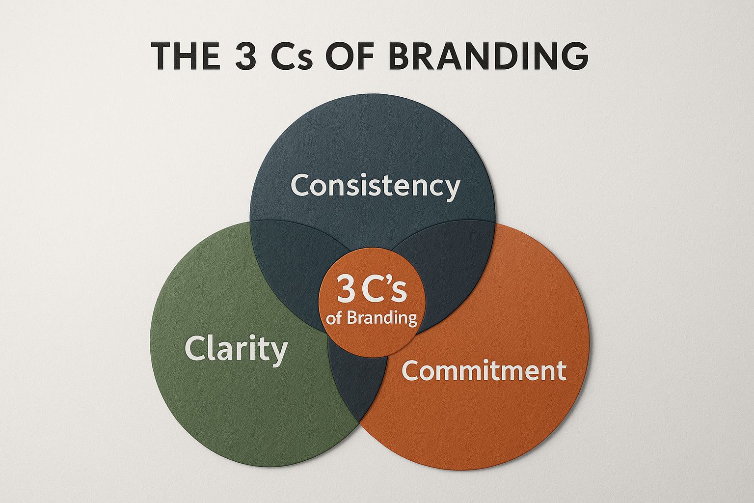 A realistic Venn diagram showing the 3 Cs of Branding: Clarity, Consistency, and Commitment, overlapping on a white textured background with a center circle labeled 3C Branding.