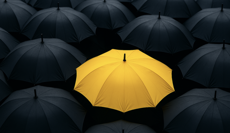 A single bright yellow umbrella stands out in a crowd of dark blue umbrellas, symbolizing differentiation and the importance of unique branding.