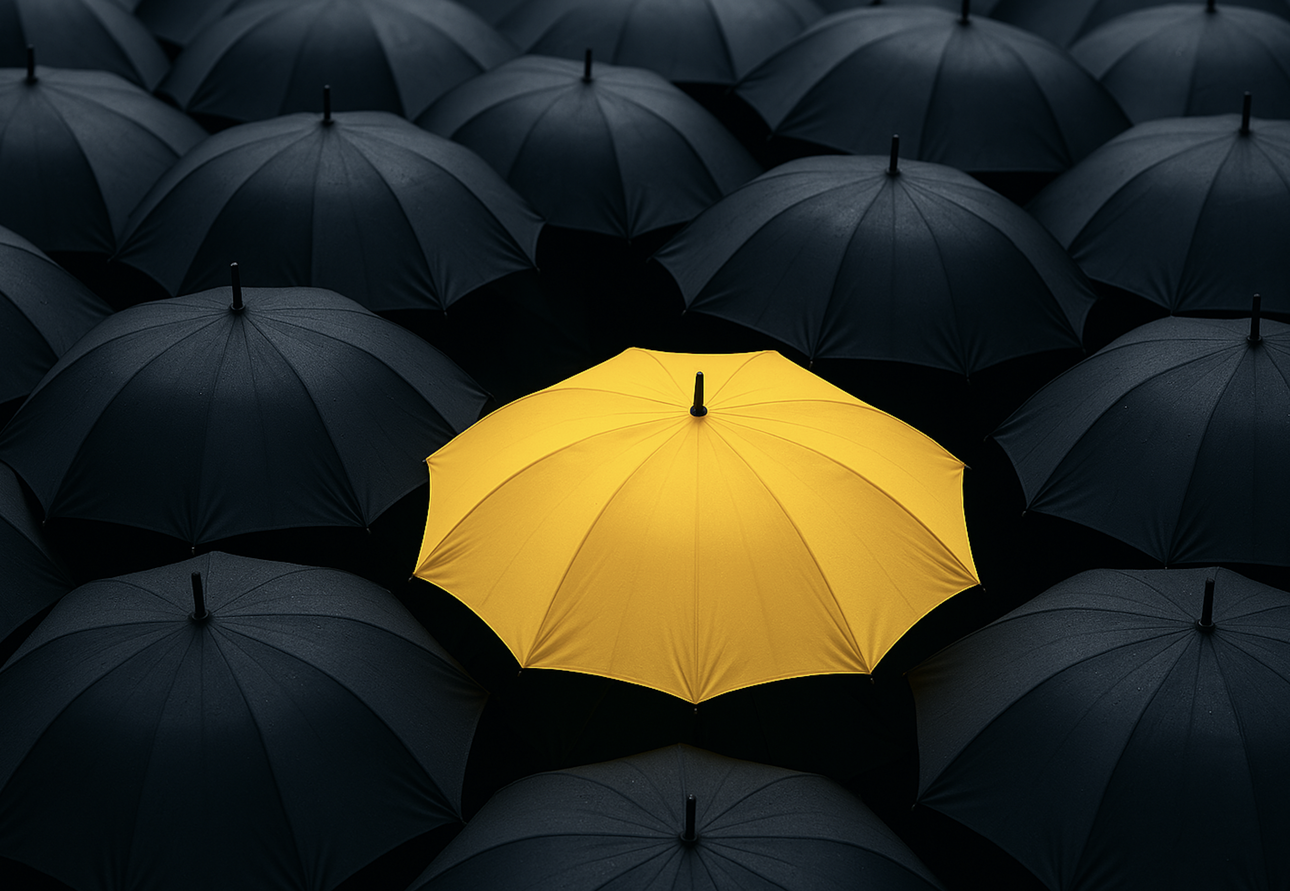 A single bright yellow umbrella stands out in a crowd of dark blue umbrellas, symbolizing differentiation and the importance of unique branding.