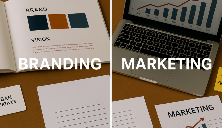 Detailed photo showing a side-by-side contrast of branding and marketing workspaces, with a minimalist brand book and business card on one side and a laptop, sticky notes, and growth charts on the other, visually illustrating the difference between branding and marketing.