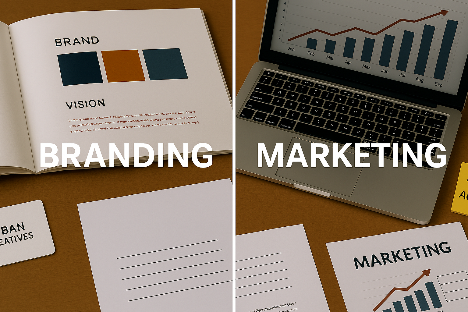 Detailed photo showing a side-by-side contrast of branding and marketing workspaces, with a minimalist brand book and business card on one side and a laptop, sticky notes, and growth charts on the other, visually illustrating the difference between branding and marketing.