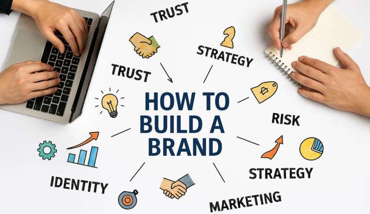 Creative flat lay showing a laptop with hand-drawn branding elements and the phrase 'How to Build a Brand,' illustrating key concepts like trust, strategy, and marketing on a clean white background.