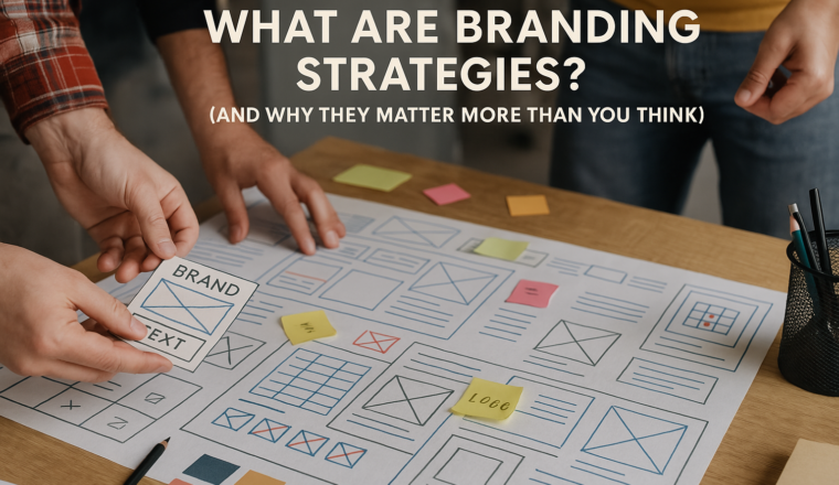 Professionals collaborating on branding strategy sketches and design elements in a modern office setting, highlighting the creative process behind developing effective branding strategies.