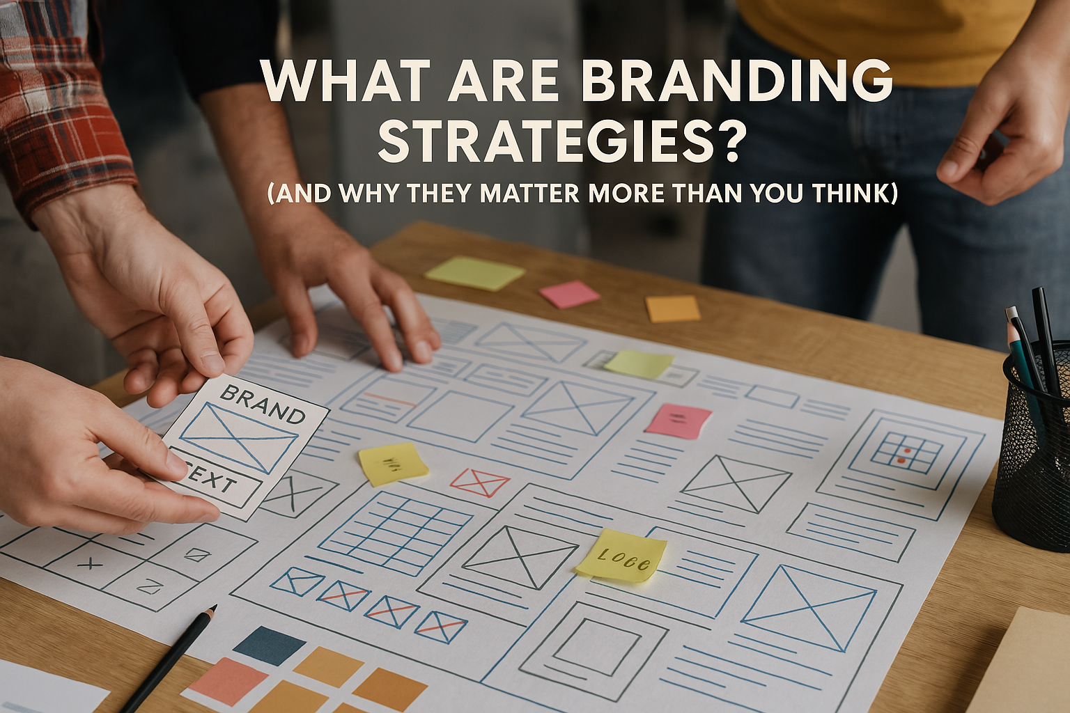 Professionals collaborating on branding strategy sketches and design elements in a modern office setting, highlighting the creative process behind developing effective branding strategies.
